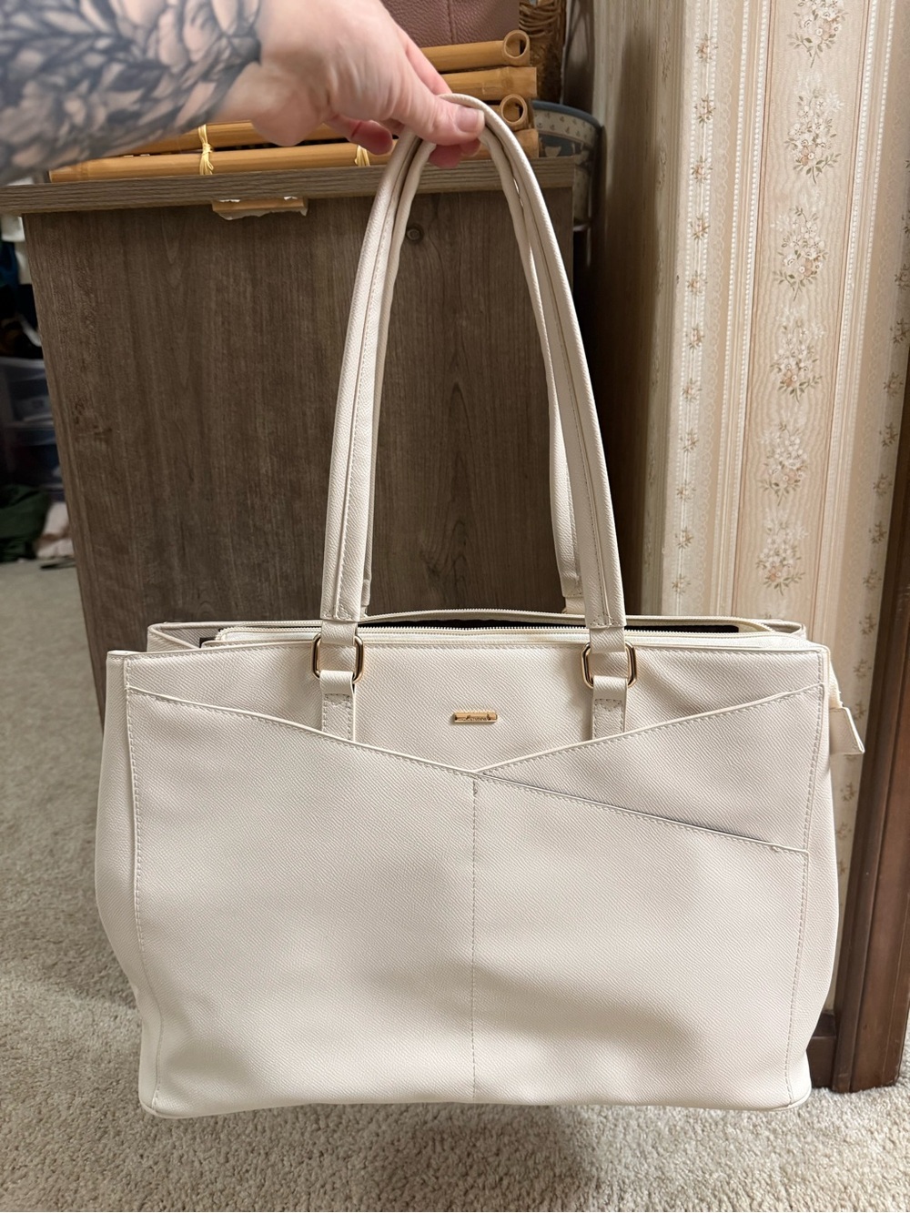 Cream Structured Laptop Tote with Double Handles